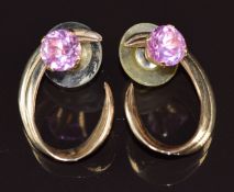 A pair of 14k gold earrings set with synthetic pink sapphires, 6.5g
