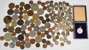 A collection of silver threepences, George IV sixpence, love tokens etc, approximately 104g,