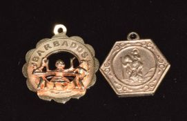 A 9ct rose gold St Christopher pendant (3g) and a 14k gold 'Barbados' pendant (2.2g)