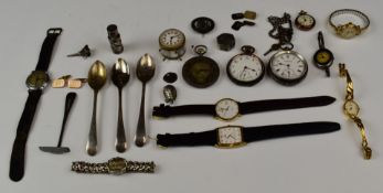 A collection of jewellery and watches including silver Albert, silver pocket watch, silver fob watch