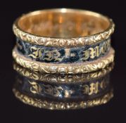 Georgian 18ct gold ring set with black enamel reading 'In memory of' engraved to the inner band '