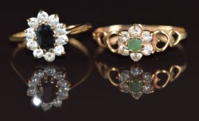 Two 9ct gold rings, one set with an emerald surrounded by cubic zirconia the other with a sapphire