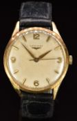 Longines 9ct gold gentleman's wristwatch ref. 6986 with gold hands and hour markers, silver dial and