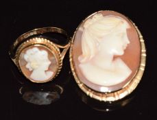 A 9ct gold ring and brooch set with a cameo, 7.6g, size J