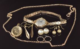 A 9ct gold Vertex wristwatch and strap, 9ct gold back and front locket, four pairs of 9ct gold