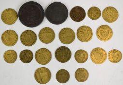 George III cartwheel penny, VF, together with a halfpenny and a quantity of brass counters