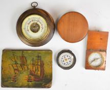 18thC miniature oil on canvas laid on board of a Naval gun battle, two compasses and a barometer