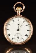 Waltham 9ct gold keyless winding open faced pocket watch with inset subsidiary seconds dial, blued