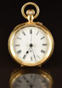 Unnamed 18ct gold keyless winding open faced pocket watch with blued hands, black Roman numerals,