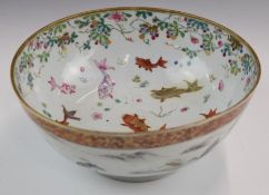 Chinese 19thC pedestal bowl with interior decoration of fish and exterior decoration of birds,