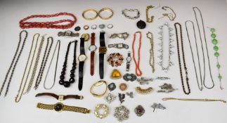 A collection of jewellery including coral necklace, vintage brooches, Sphinx brooch, rolled gold