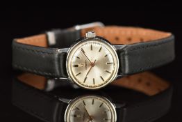 Omega Seamaster ladies wristwatch with two tone hands and baton hour markers, silver dial, stainless