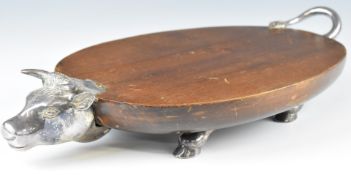 Novelty serving platter formed as a bull with silver plated head, feet and tail, length 47cm