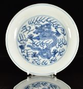 Chinese Qing dynasty blue and white dish decorated to both sides with dragons chasing a sacred pearl