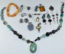 A collection of silver jewellery including six pendants set with quartz, labradorite, etc, beaded