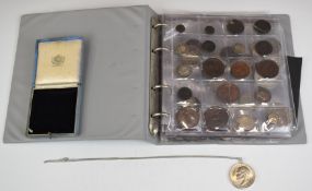 An amateur collection of UK coinage, tokens etc, in an album, to include 1723 George I SSC sixpence,