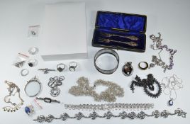 A collection of silver jewellery including cased pair of forks, silver and labradorite necklace,