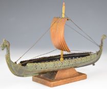 Edw Aagaard Denmark bronze model of a Viking Longboat with sail, length 27cm