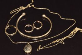 A 9ct gold bangle, 9ct gold locket, a pair of 9ct gold earrings and two 9ct gold chains (49cm & 48cm