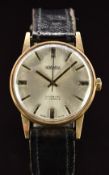 Roamer 9ct gold gentleman's wristwatch with two-tone hands and hour markers, silver dial and