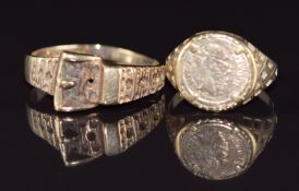 A 9ct gold buckle ring and 9ct gold ring set with a coin, 5.1g, size I & S