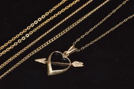 An 18k gold chain (2.2g, 38cm), a 9ct gold chain (3g, 46cm) and 9ct gold pendant in the form of a