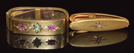 Victorian 9ct gold scarf clip set with paste and two pink sapphires (3.2g 2.6 x 1cm) and a 10k