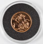 2016 Elizabeth II gold full sovereign, in Jubilee Mint case with certificate.