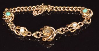 Edwardian 9ct gold bracelet made up of curb and knotted links set with natural pearls and