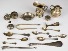 Hallmarked silver and white metal items including Guernsey cream jug, Georgian sugar tongs, Scottish