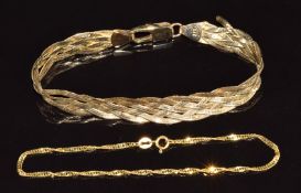 A 9ct gold plaited bracelet and a 9ct gold bracelet made up of twisted links, 8.2g, 16 & 17cm long