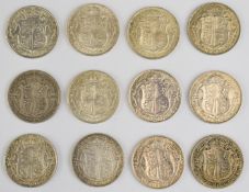Twelve George V half crowns 1911-1922, various grades VF-EF, approximately 169.3g