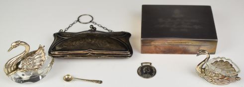 Hallmarked and German silver items comprising cigarette box, width 12cm, hallmarked silver evening