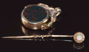 Victorian stick pin set with an opal surrounded by rose cut diamonds and a 15ct gold swivel fob