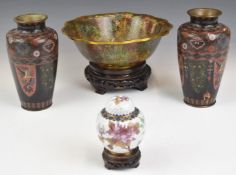 Four pieces of Chinese cloisonné comprising a pair of vases, ginger jar and bowl on stand, tallest
