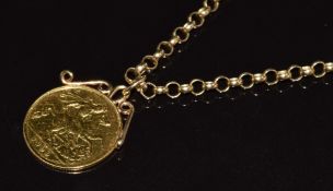 A 1909 gold half sovereign with added pendant loop, on 9ct gold chain, 20.6g, 74cm