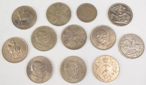 A collection of modern UK crowns etc to include 1935 silver Jubilee 'rocking horse' 1953