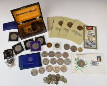 A collection of modern crowns together with some UK coinage George I onwards, 105g of mixed silver