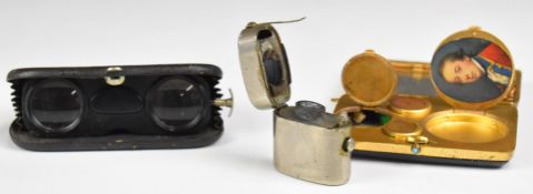 Novelty compact or purse with watch holder to top, opening to reveal holders for both full and