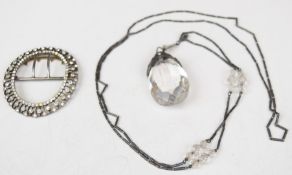 Arts & Crafts silver pendant set with mother of pearl and paste, unusual silver chain and a silver