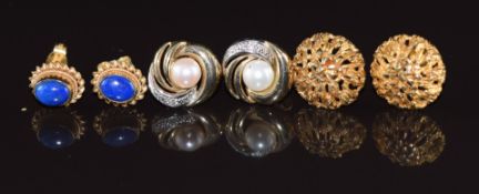 Three pairs of 9ct gold earrings including one pair set with lapis lazuli and another with a