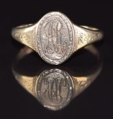 A 9ct gold signet ring with engraved initials 'AR' and scrolling decoration, 2.9g, size N