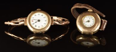 Two unnamed 9ct gold ladies wristwatches, both with blued hands and Arabic numerals, one on 9ct gold