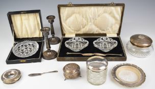 Hallmarked silver mounted and similar items comprising one pair and one single cased cut glass