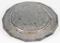 Middle Eastern silver compact, with engraved decoration, marked to interior 84% and with makers or