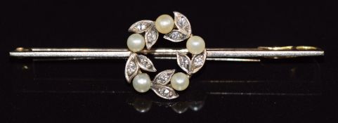 A 9ct gold c1915 brooch set with pearls and diamonds, 3.6g, 5cm
