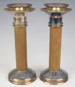 Martyn Pugh retro / modernist pair of hallmarked silver candlesticks, with gilt band decoration to