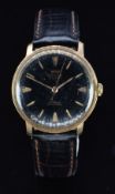Royce gentleman's wristwatch with gold hands and hour markers, black dial, gold plated case and 17