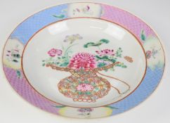 19thC Chinese shallow bowl decorated with enamel flowers and insects with six character mark to