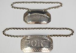 Two Georgian hallmarked silver bottle tickets or labels comprising Port, London, no date letter,